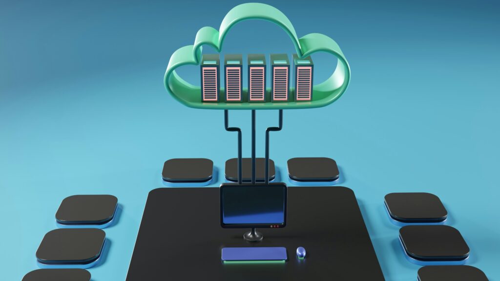 A graphic of a table with a cloud server, showing its functionality for digital data management