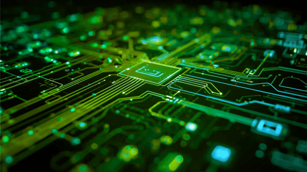 A glowing green circuit board with intricate pathways and components.